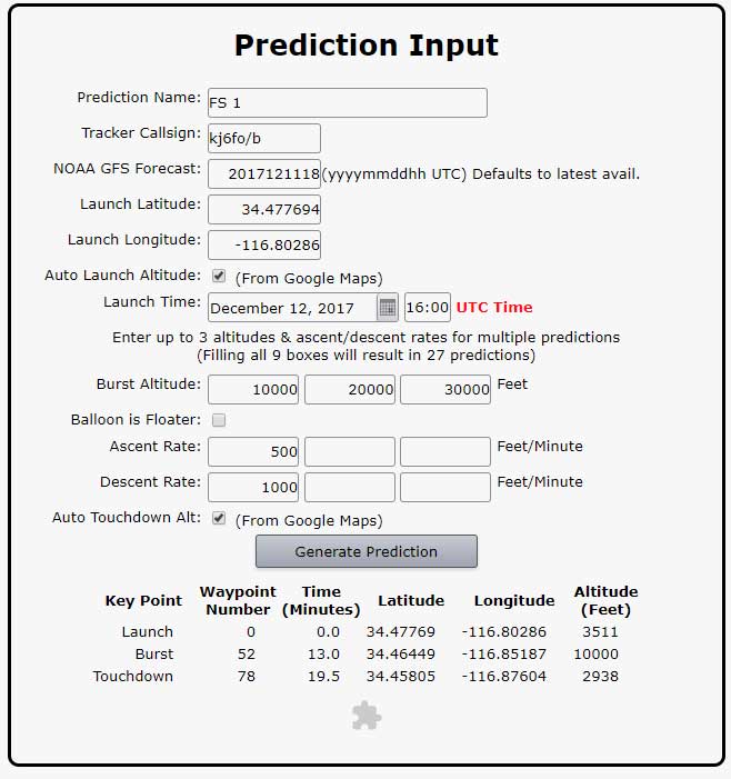 Inputs to the Flight Path Predictor Tool